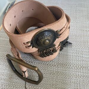 Vintage Italian Leather Tan Belt w/ Brass Buckle and Accents